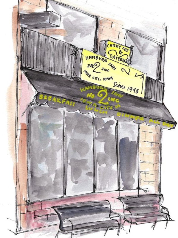 watercolor of the exterior of a restaurant