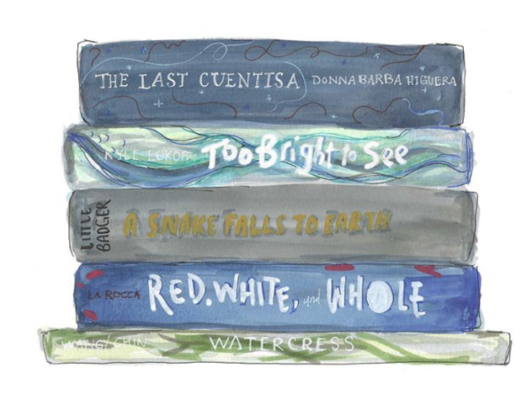 watercolor painting of a stack of books